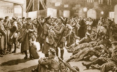 Efter den flygtige furlough: Britiske veteraner venter på specialen i Flandern-skyttegraven i Victoria, 1914-19 af Frank Dadd